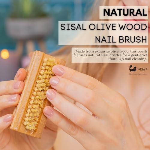Eco Bath London Eco Bath London Natural Nail Brush - Eco-Friendly Double-Sided Nail Cleaning Brush with Firm and Soft Cactus Bristles for Manicure and Pedicure (Olive Wood (R))