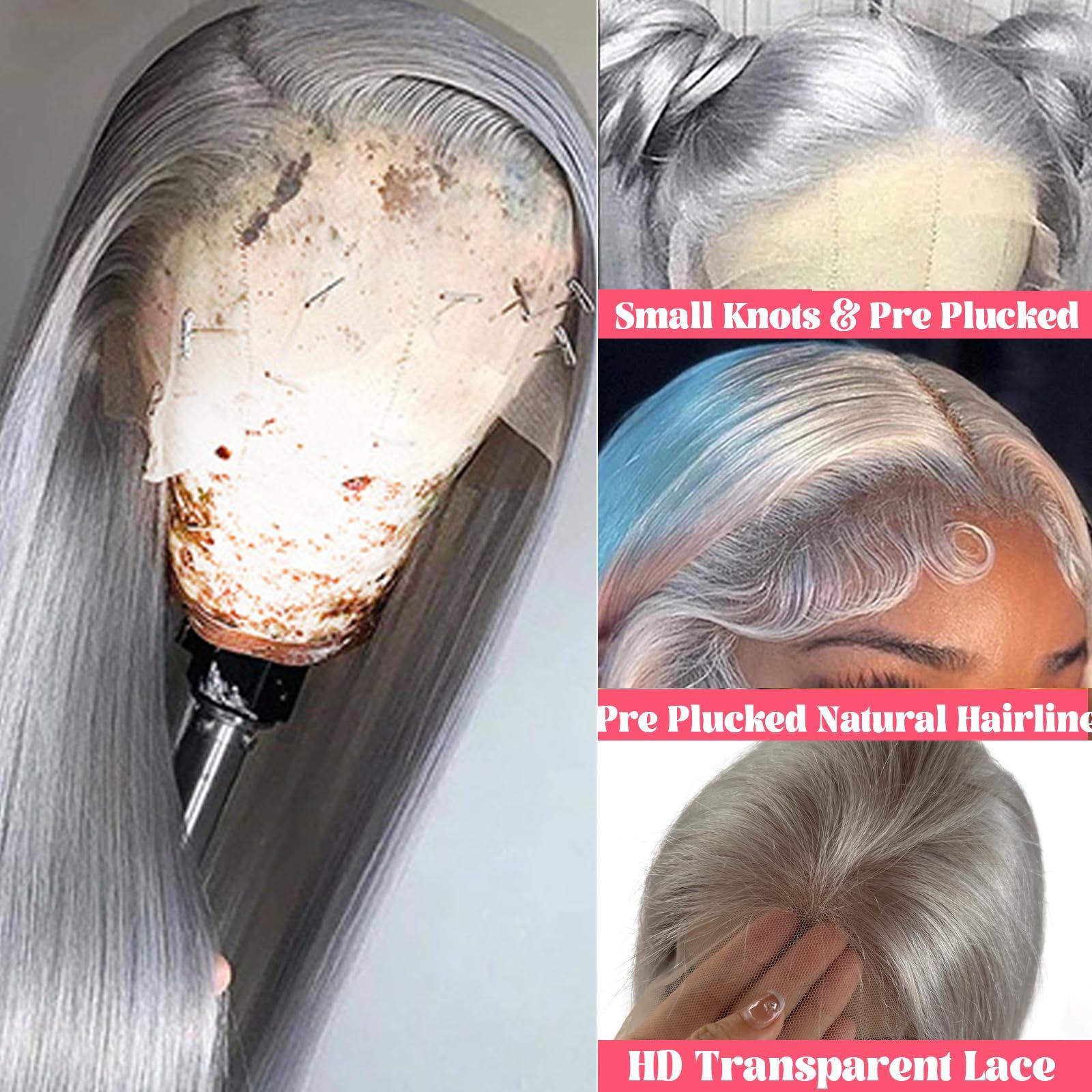 Smavida Grey Lace Front Wigs Human Hair Grey Silver Human Hair Wigs Straight 150 Density Pre Plucked with Baby Hair 134 HD Transparent Silver Lace Frontal Wig Glueless Lace Front Wigs for Women