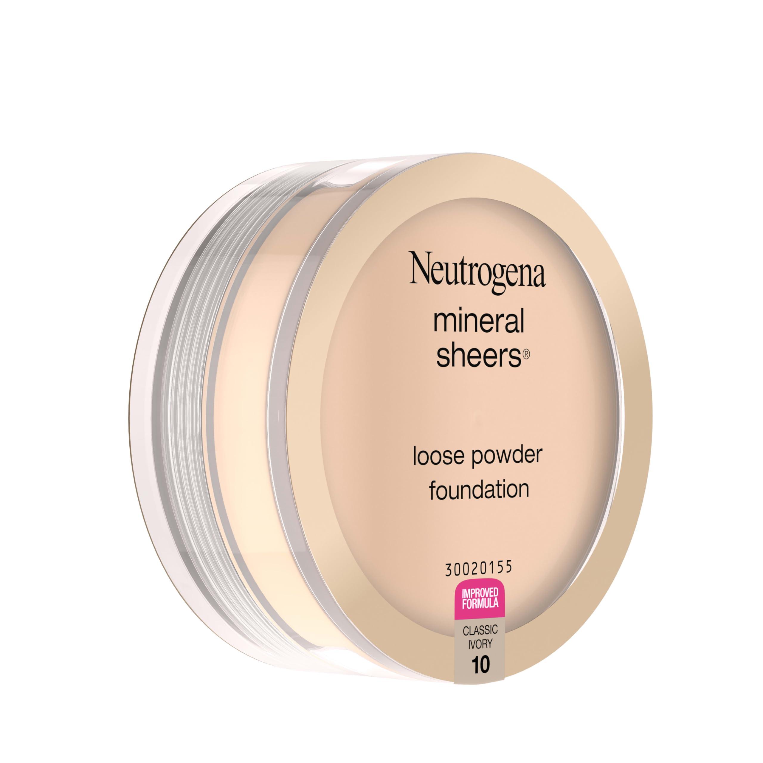 Neutrogena Neutrogena Mineral Sheers Lightweight Loose Powder Makeup Foundation with Vitamins A, C, & E, Sheer to Medium Buildable Coverage, Skin Tone Enhancer, Face Redness Reducer, Classic Ivory 10,.19 oz