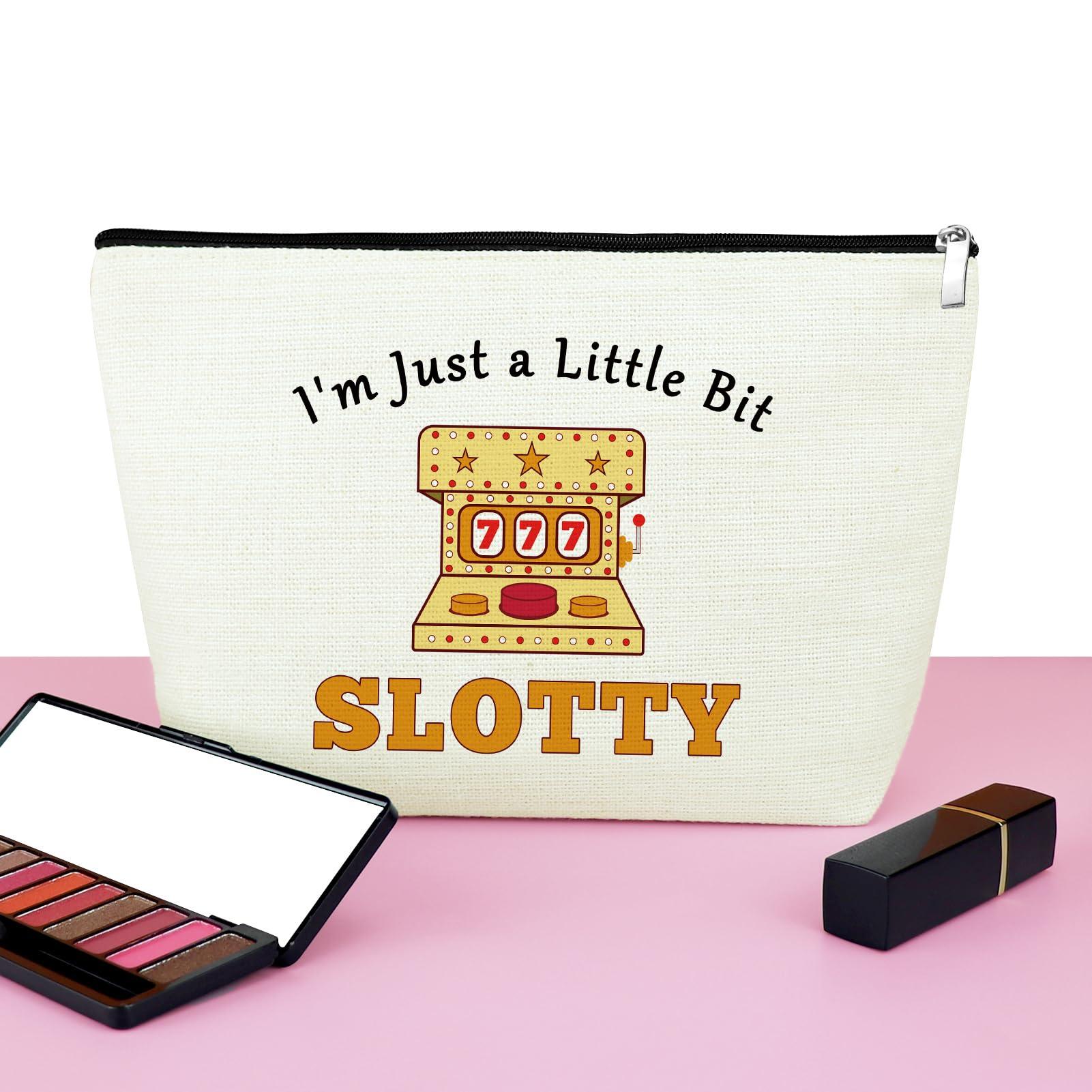 Mxrymvu Funny Gambling Makeup Bag Gifts for Casino Lovers Women Cosmetic Bag Birthday Gifts for Gamblers Zipper Pouch Lucky Casino Gifts Christmas Gift for Friends Grandma Her I'M JUST A LITTLE BIT SLOTTY