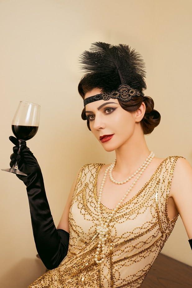 SWEETV SWEETV 1920s Headpiece Flapper Headband, Feather Rhinestone Roaring 20s Great Gatsby Hair Accessories for Women,Gold