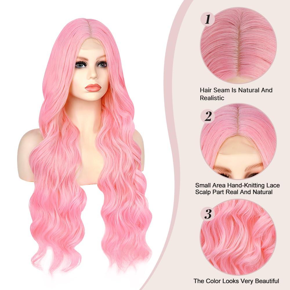 Ninroc Ninroc Pink Wigs For Women, Long Wavy Pastel Pink Wig Middle Part Natural Looking Heat Resistant Synthetic Wig for Daily Party Use 26 inches