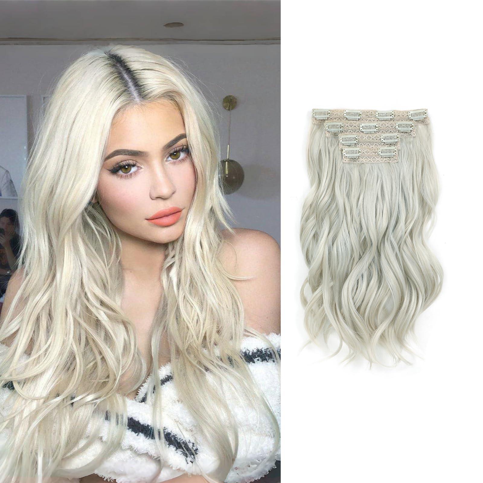 WOMWOM Clip in Hair Extensions, 14 Inch Hair Extensions Clip Ins 4 Pcs Synthetic Curly Wavy Hair Extensions Long Thick Clip on Hair Extensions Hairpieces (Platinum Blonde)