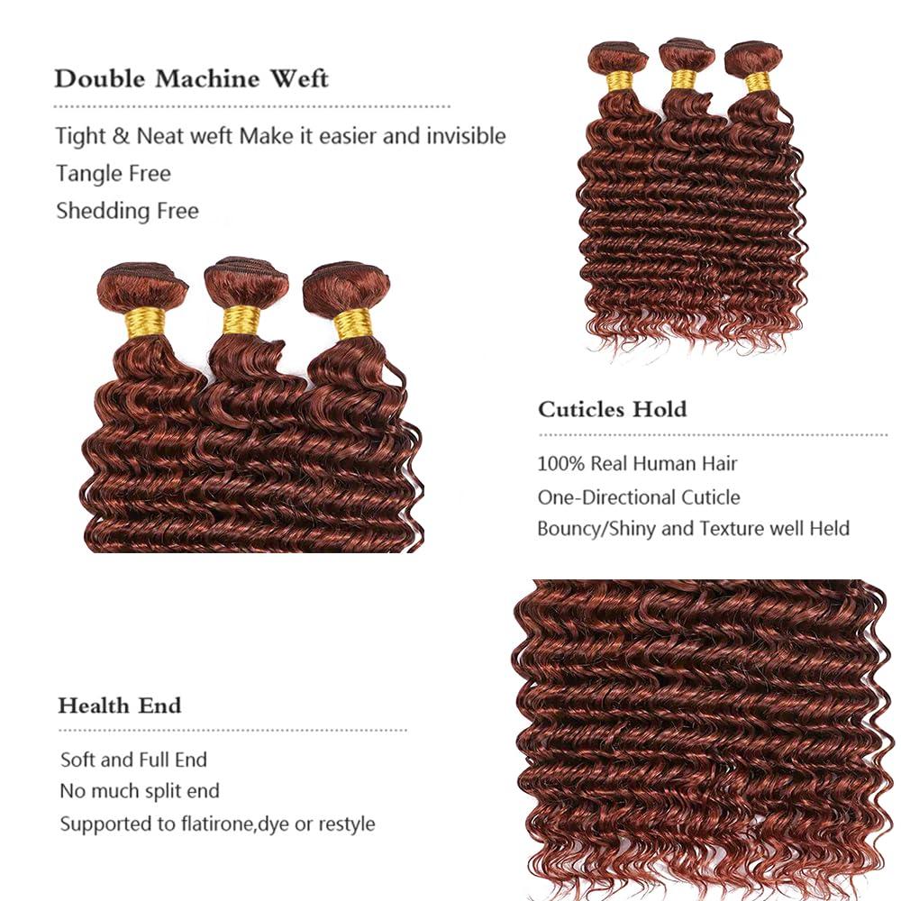 Fridnae Color #33 Bundles Human Hair Reddish Brown Deep Wave Human Hair Bundles Copper Red Bundles Human Hair 3 Bundles 12 14 16 Inch Auburn Bundles Human Hair