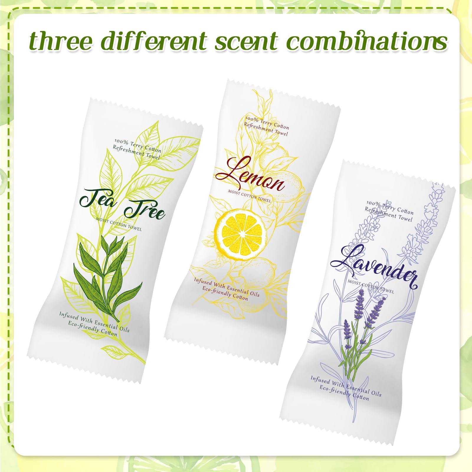 VitalCozy VitalCozy 240 Pcs Moist Cotton Towel Moist Towelettes Individually Wrapped Scent Disposable Face Towel 8.6\'\' x 8.6\'\' Hot/Cold Moistened Cleansing Wipes, Lemon Tea Tree and Lavender Scent (White)