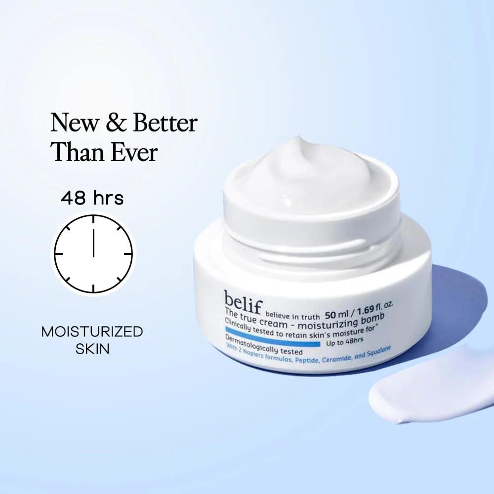 belif belif Moisturizing Bomb Daily Ceramide Moisturizer with Peptide & Squalane, 48hr Hydration & Anti-Aging Cream, Milky & Lightweight, Restores Skin Barrier, Korean Skincare, 1.68 fl oz (50ml)