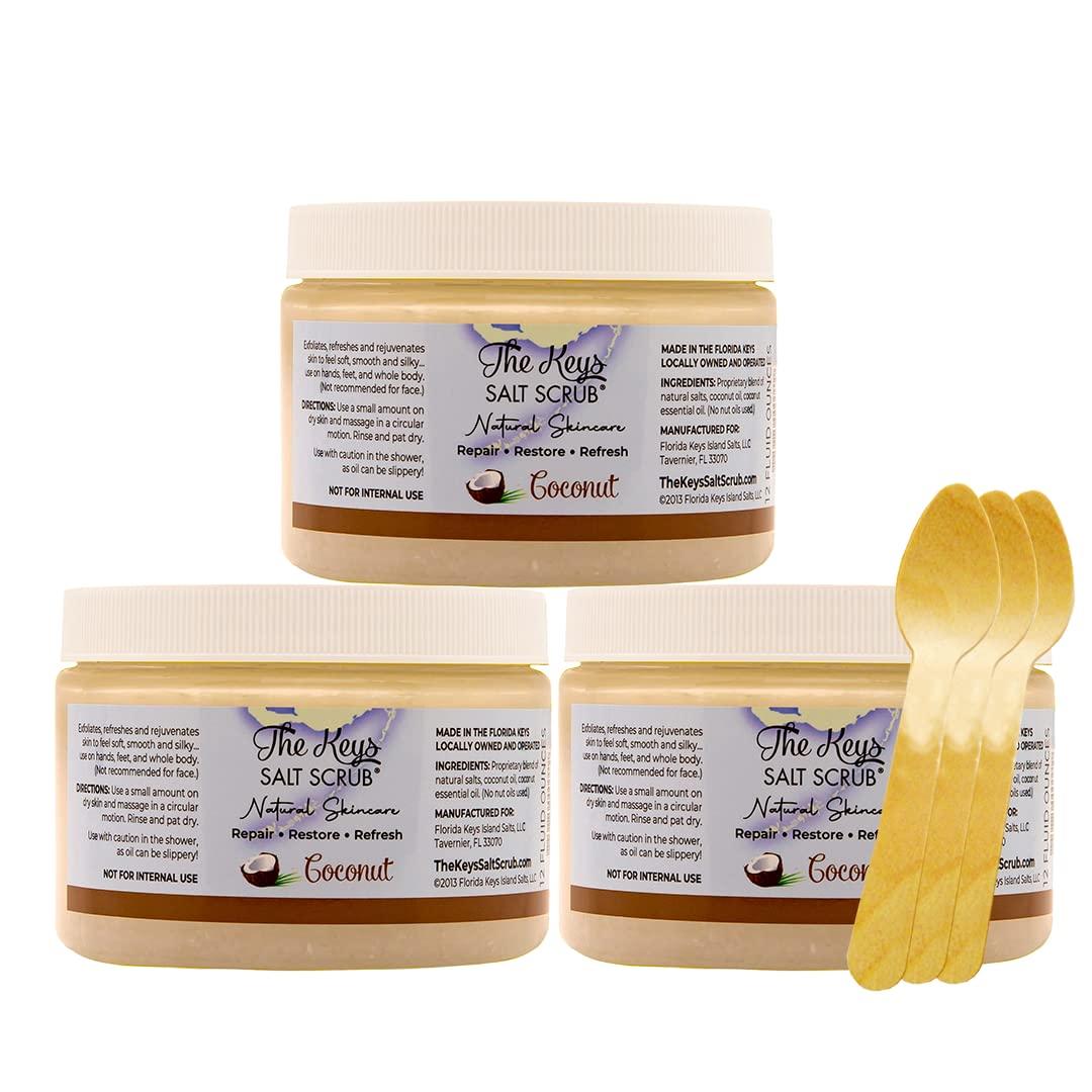The Keys Salt Scrub The Keys Salt Scrub - Coconut Sea Salt Scrub - Exfoliating Body Scrub Skincare with Wooden Spoon for Men & Women-Natural Moisturizing Exfoliator for Face, Hands, Foot, Bath, & Bikini Area (3pcs-12oz)