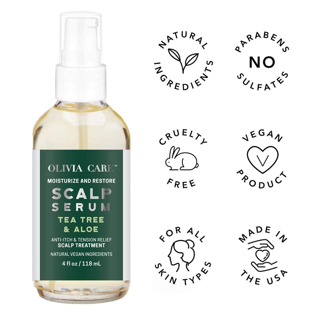 Olivia Care Olivia Care Tea-Tree & Aloe Hair Scalp Serum Natural & Vegan Ingredients - Moisturize &, Anti-Itch Hair & Scalp Treatment - Stimulate Growth & Repair Hair Damage - 4 FL OZ