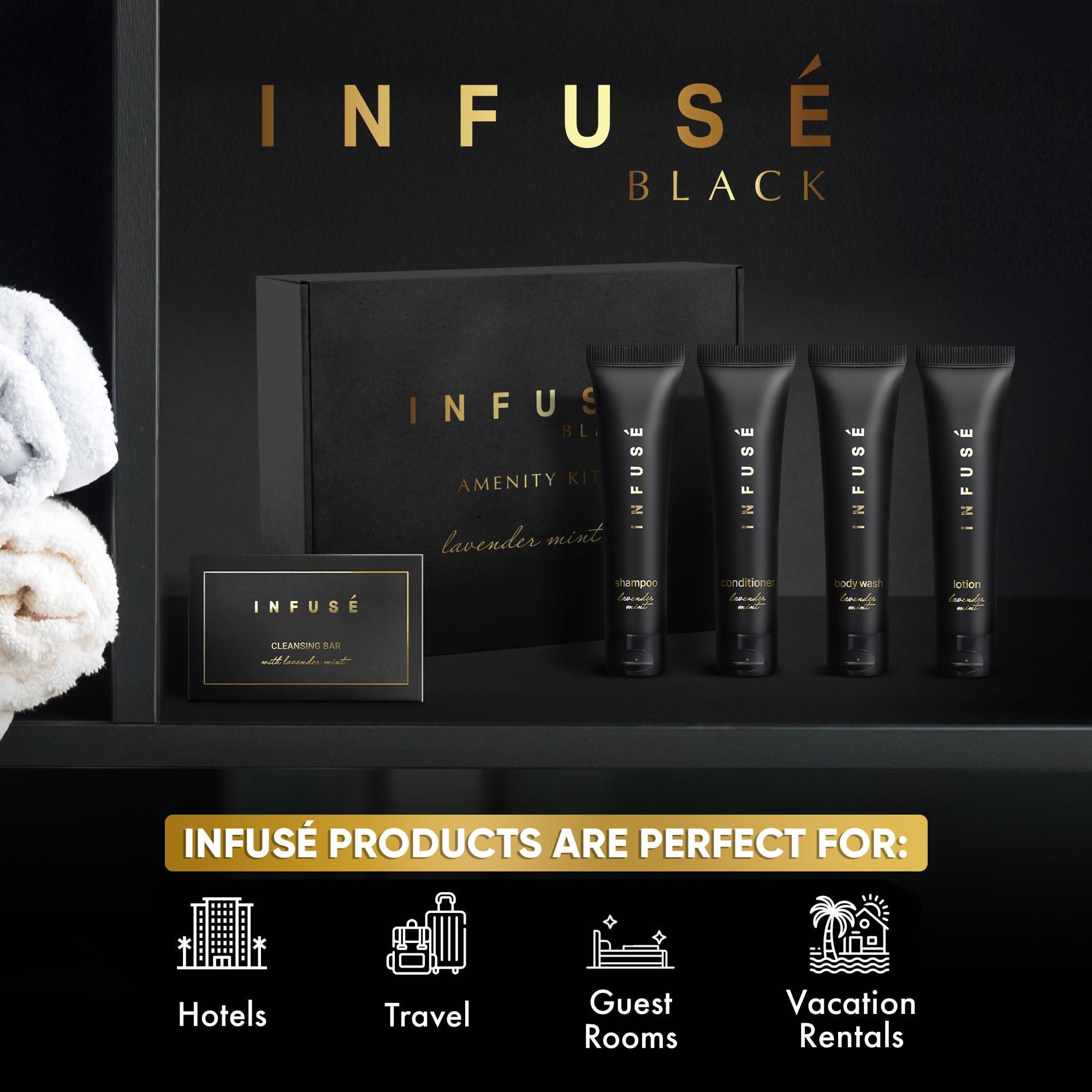INFUS Infuse Black Amenity Kit | Boxed Hotel Toiletries | Bulk Set 1 oz Travel Size Shampoo, Conditioner, Lotion, Body Wash & Cleansing Bar for Guest Hospitality AirBnB/Vacation Rentals | 75 Pieces