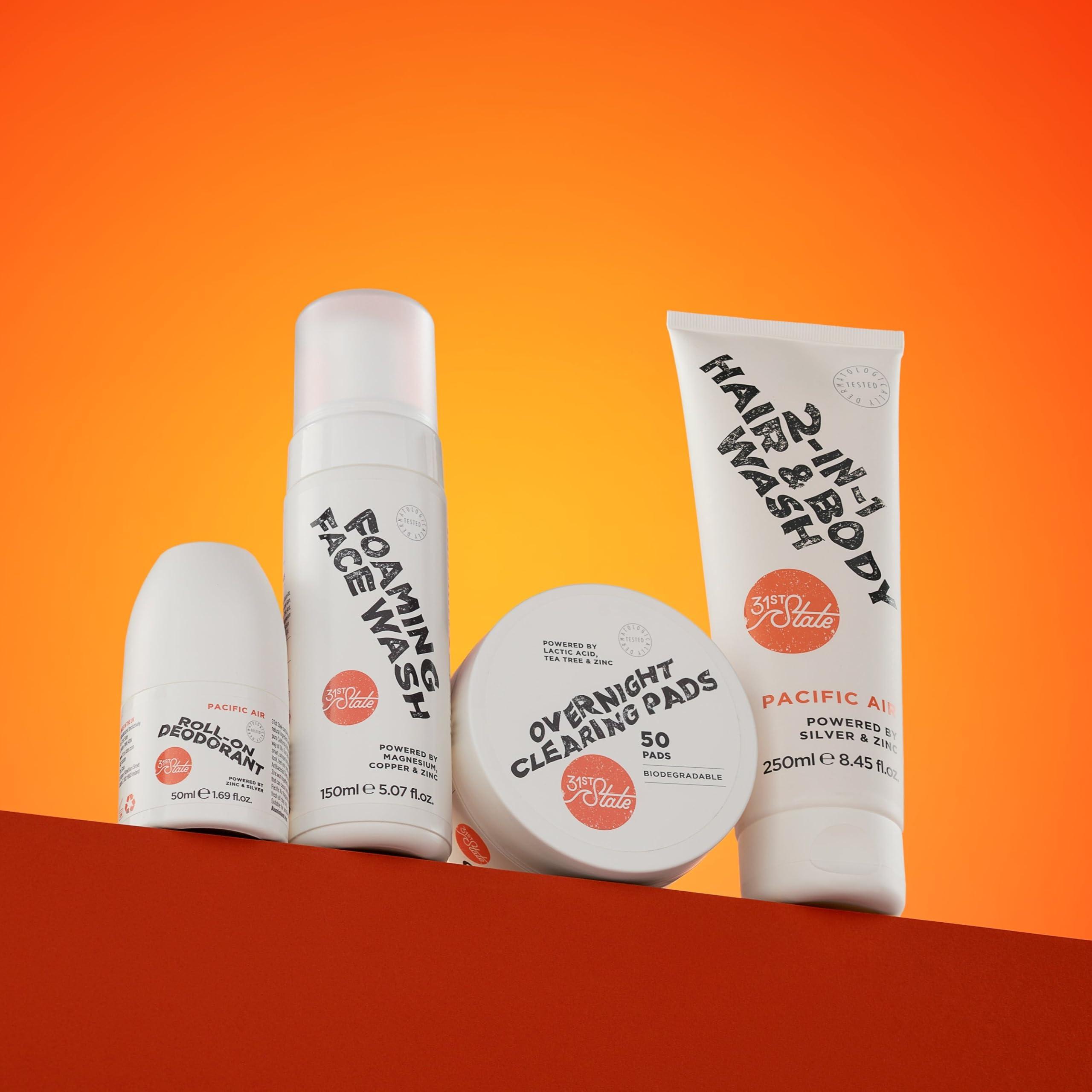 31st State 31st State Skincare Grooming Gift Set - Core Four Foaming Face Wash (150ml), 2-IN-1 Hair & Body Wash (150ml), Overnight Clearing Pads (50 Pads) & Aluminum Free Roll-On Deodorant (50ml), White