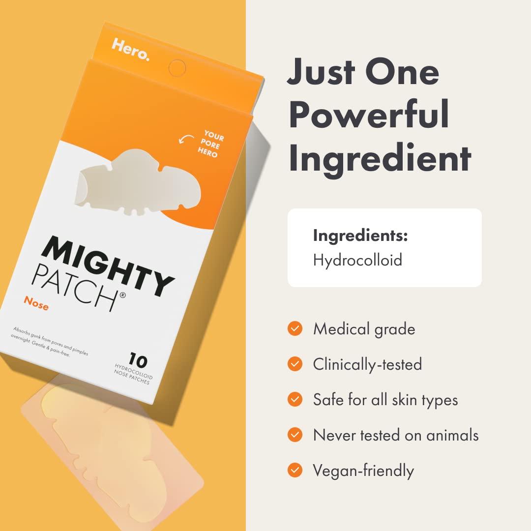 Mighty Patch Mighty Patches for nose pores from Hero Cosmetics - XL Hydrocolloid Pimples, Zits and Oil - Dermatologist-Approved Overnight pore Strips to Absorb Acne nose Gunk (10 Count)