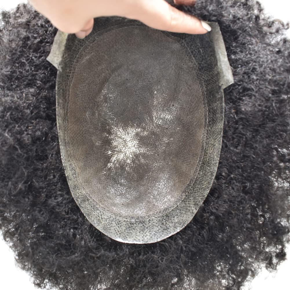 CURVE HAIR Afro Kinky Curly Hair Units For Black Men Toupee Soft Brazilian Human Hair Unit For Men Afro Wave Hair Replacement Systems Natural Looking Afro Toupee For Men (6mm wave, 1B OFF BLACK)