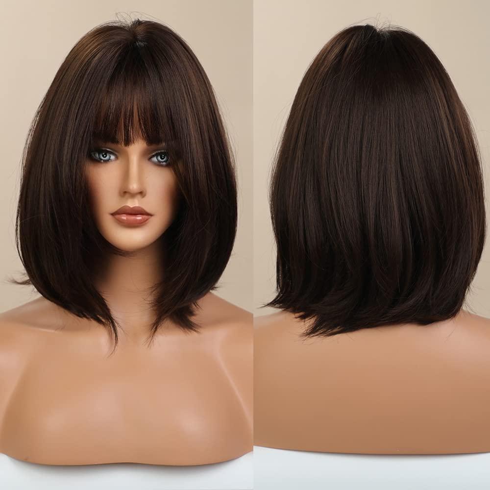 EMMOR EMMOR Dark Brown Bob Wigs for Women Shoulder Length Synthetic Wig with Fringe Bangs High Heat Resistant Wig(Dark Brown)