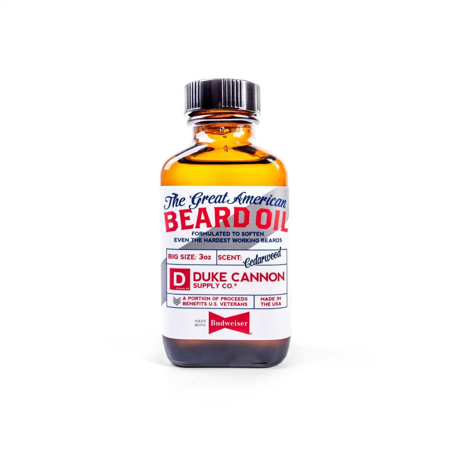 Duke Cannon Supply Co. Duke Cannon Great American Beard Oil with Budweiser - Natural Conditioning with Apricot Kernel Oils, Warm Cedarwood Scent, 3 oz.