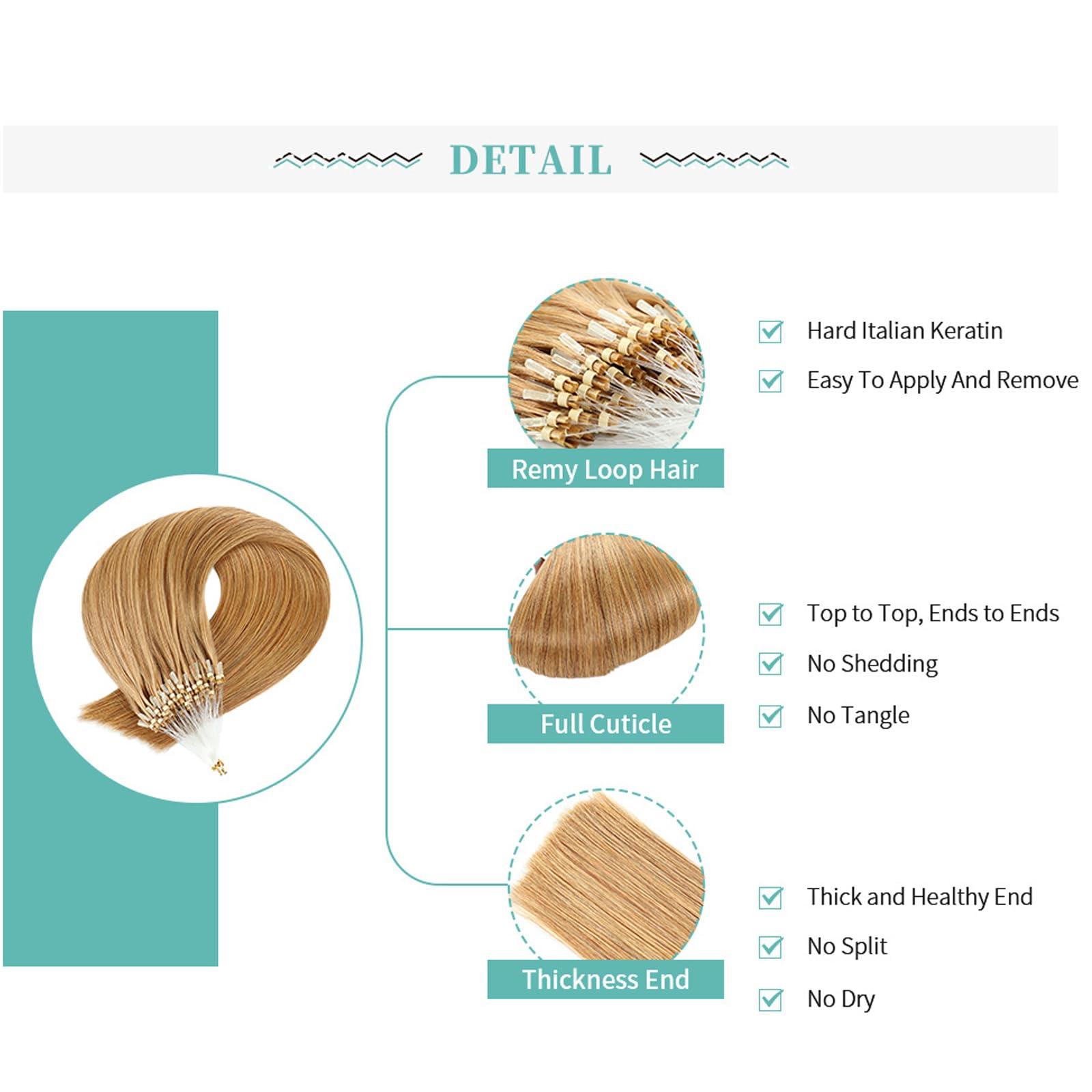 RIBONI Micro Ring Straight Human Hair Extensions Micro Link Hair Extensions Real Human Hair Black Micro Loop Remy Hair Extensions Pre Bonded 50g/100strand