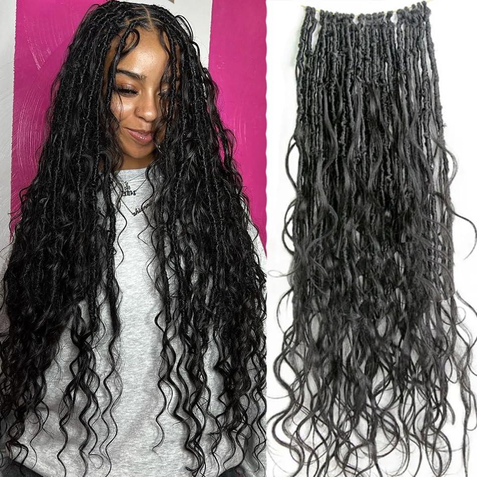 FlowerSeason Pre-Looped Crochet Boho Locs With Human Hair Body Wave Curls Wavy Goddess Locs Crochet Hair 100 strands(26inch)