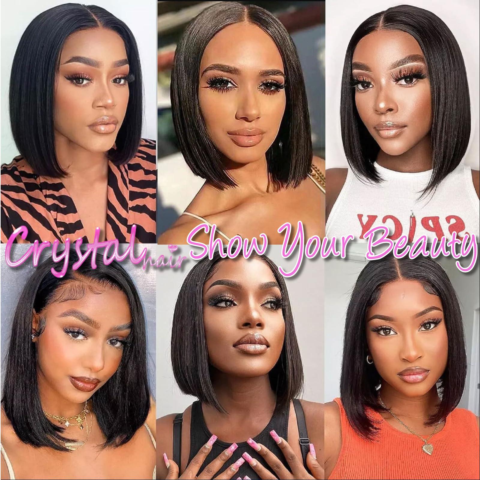 CRYSTALHAIR 10 inch Straight Bob Wig Human Hair, Lace Glueless Front Wigs Human Hair,Highlight Human Hair Bob Wig,Pre Plucked 13x4 HD Lace Front Wigs Human Hair 180% Density Natural Black Wig Human Hair