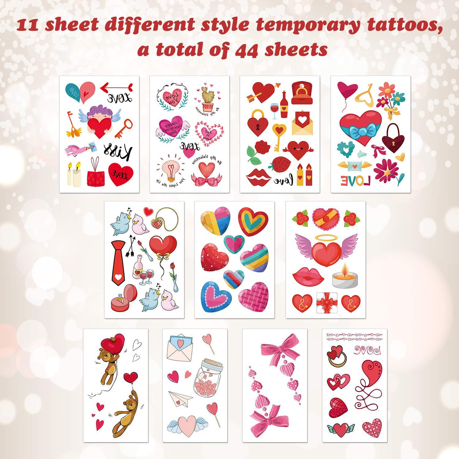 TUPARKA TUPARKA 340 Pcs 44 Sheet Valentines Day Temporary Tattoo Valentines Heart Tattoo Sticker for Kids Boys Girls Gift Valentines Day Party Supplies