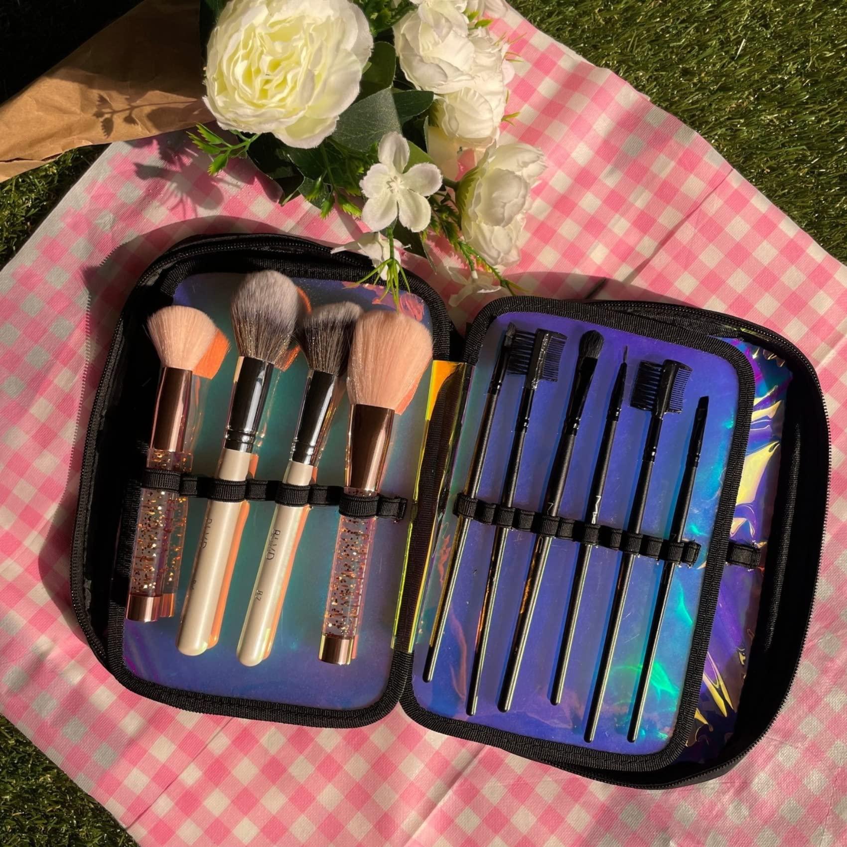 IMPRESSIONS VANITY  COMPANY Impressions Vanity IBIZA Slim Brush Holder Case with 4 Sections, Zippered Cosmetics Bag Organizer for Traveling, Makeup Travel Case for Brushes, Lipgloss, Eyeliner, Mascara (Black)