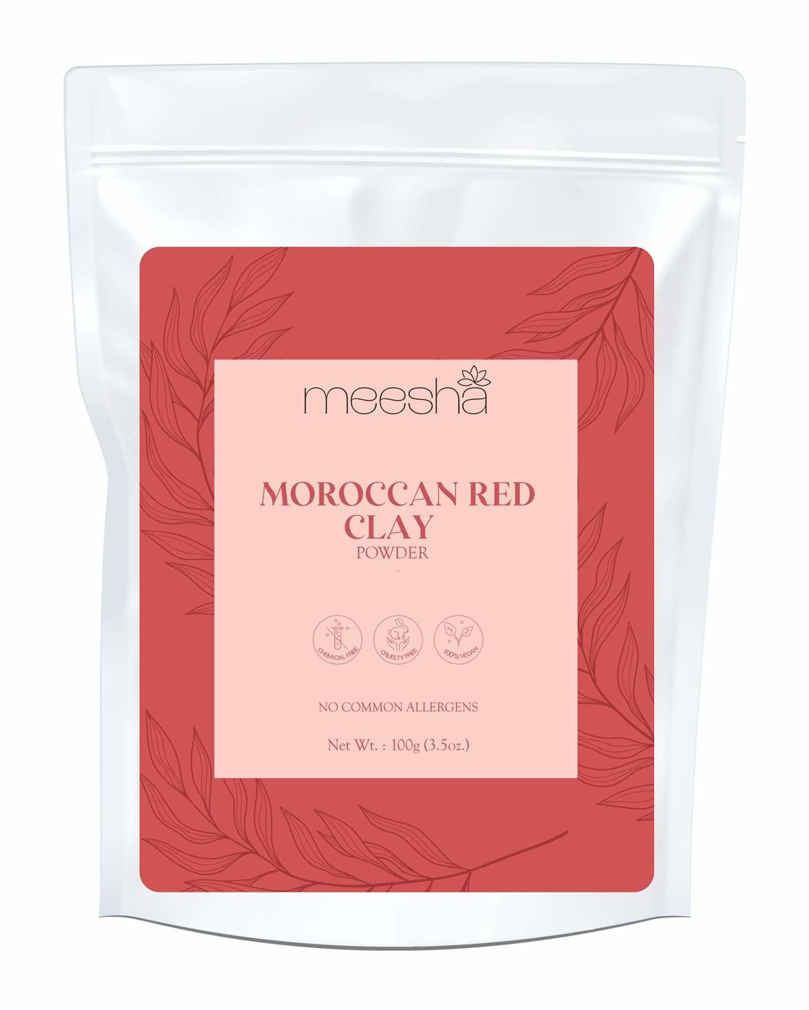meesha meesha Moroccan Red Clay Powder Red Clay | 3.5 oz (100g) | Detoxifying, cleansing, oil-absorbing, hair-conditioning clay | DIY face masks, body scrubs, dry shampoo, hair shampoo| 100% Natural