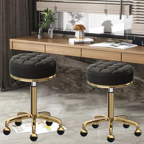 ZJXDPBF Round Rolling Bar Stool, Modern Beauty Salon Spa Swivel Chair with Titanium Gold 5 Claws and Globe Wheels, Adjustable 47-64 cmr:Black