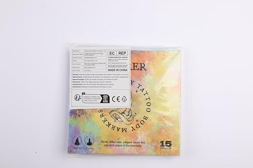 PFARRER PFARRER Temporary Tattoo Markers for Skin, 15 Body Markers + 56 Large Tattoo Stencils & 2 sheets Glow Stickers for Kids and Adults, Dual-End Tattoo Pens with Bold and Fine Lines safty inkZYH2310001KIT