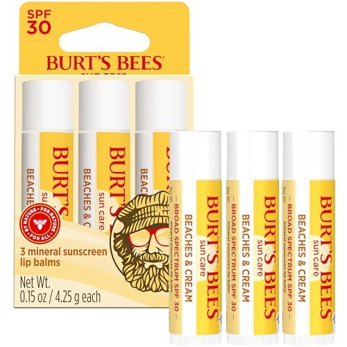 Burt's Bees Burts Bees SPF 30 Lip Balm, Beaches and Cream, Water-Resistant Sun Care, Nano-Free Zinc Oxide Formula, Natural Origin Conditioning Lip Treatment, 3 Tubes, 0.15 oz.