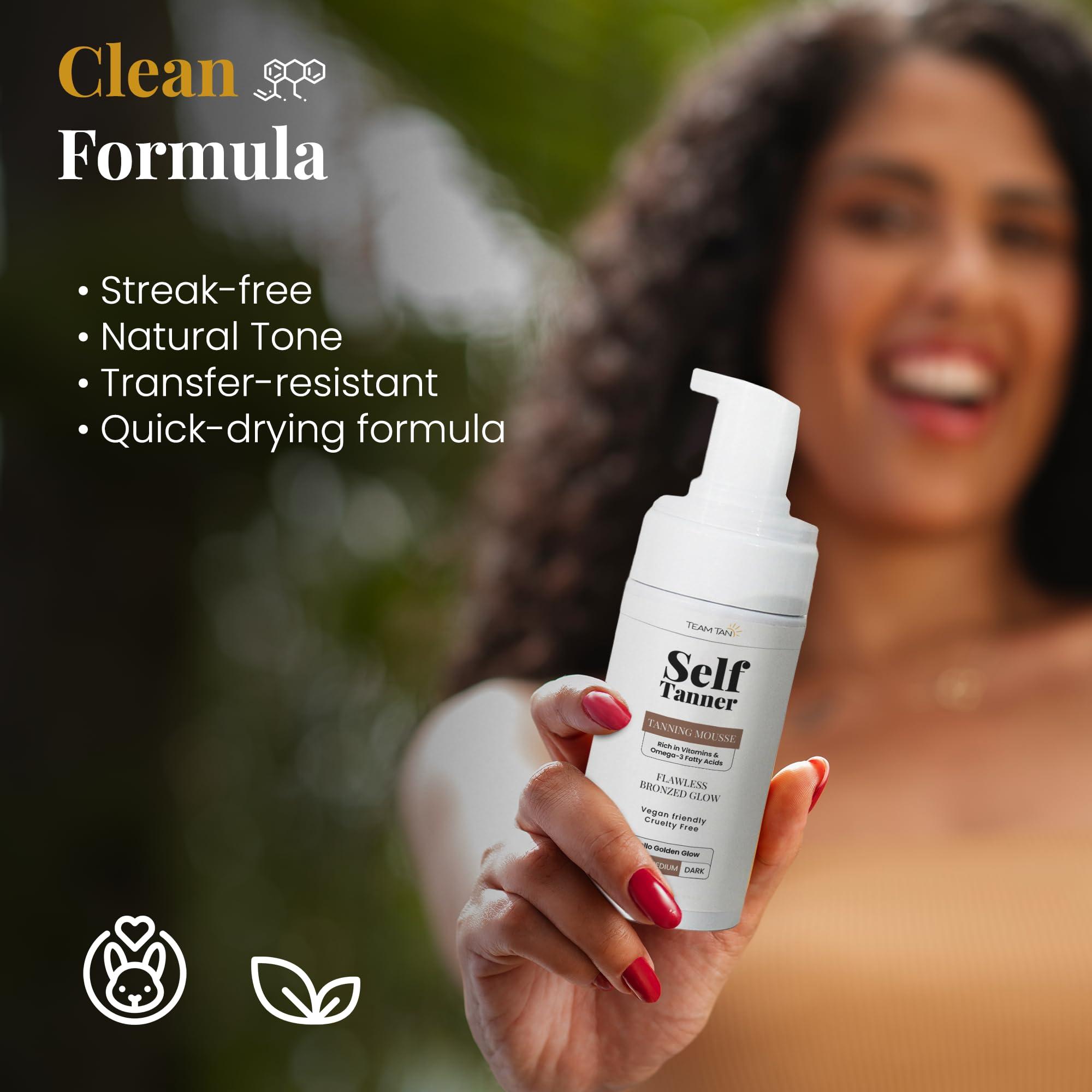 Team Tan Team Tan Self Tanner Mousse - Tanning Foam for Face and Body, Sunless Tanner Kit for Fake Tan, Aloe Vera and Vitamin Infused Self Tanning Mousse (3.38 fl oz | Medium)