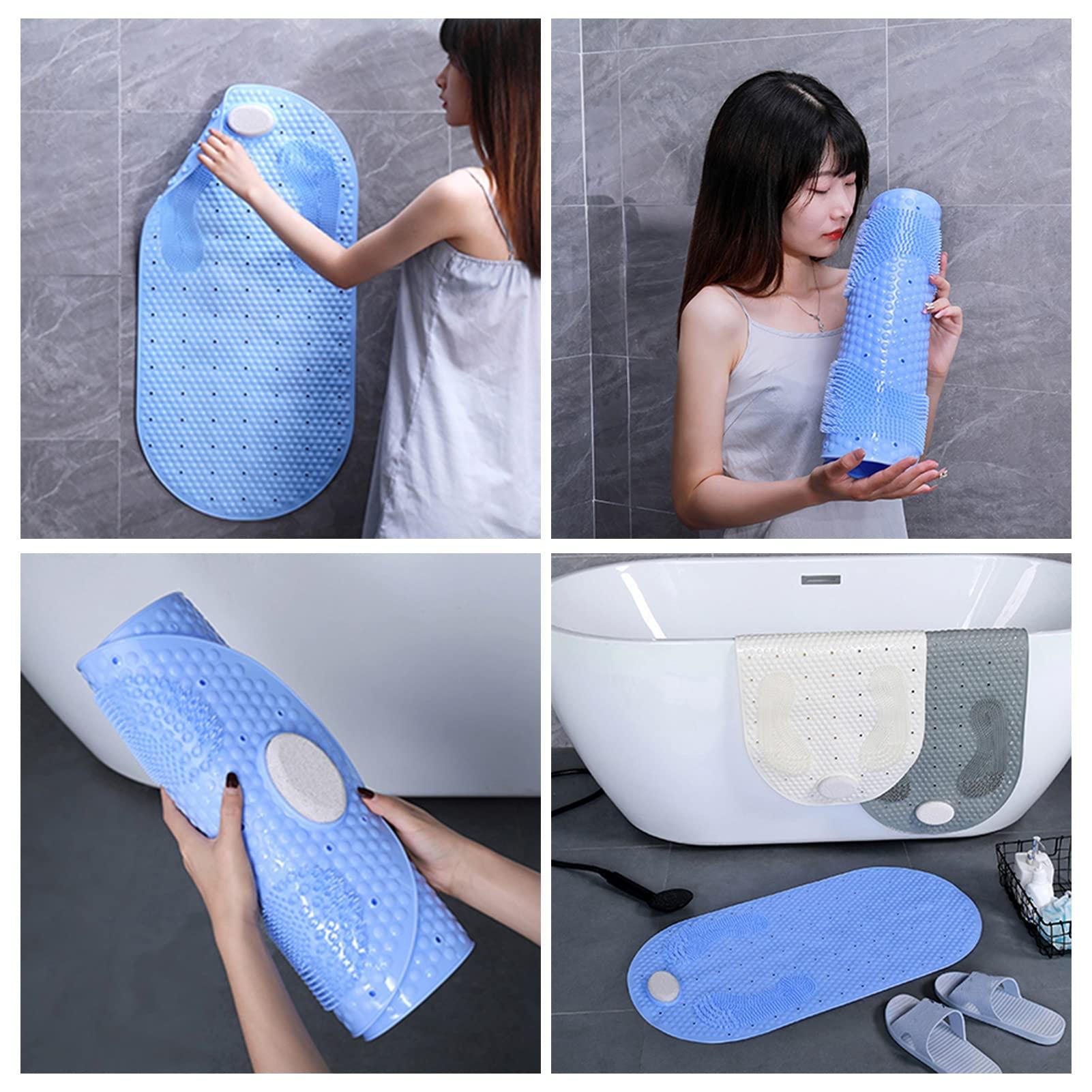 PERZOE PERZOE Foot Scrubber Shower Mat with Pumice Feet Scrub Stone, 32\"X16\" Oval Bathtub Mat with Antislip Suction Cups and Drain Holes for Feet Massage & Exfoliating Grey