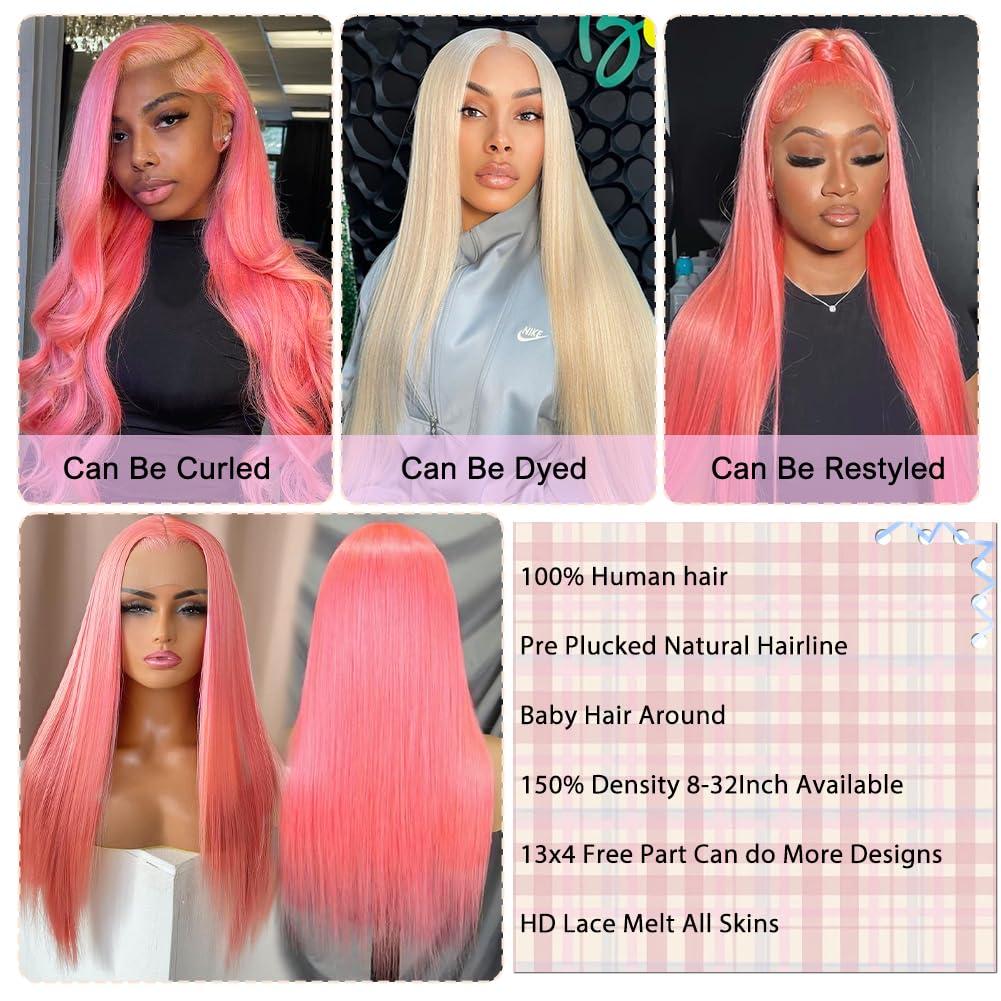 MUGOHK MUGOHK Pink Lace Front Wig - Human Hair, 24 Inch, Straight, HD Lace Frontal, Pre-Plucked with Baby Hair, 150 Density