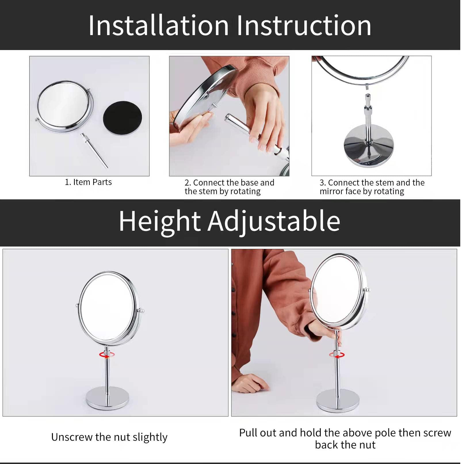 Nicesail Nicesail 19 Inch Tall Makeup Mirror with 10X Magnification, Make up Mirror 8 Inch Double-Sided, Table Mirror with Pedestal for Shaving, Standing Mirror Height Adjustable Chrome Finish (8 Inch, 10X)