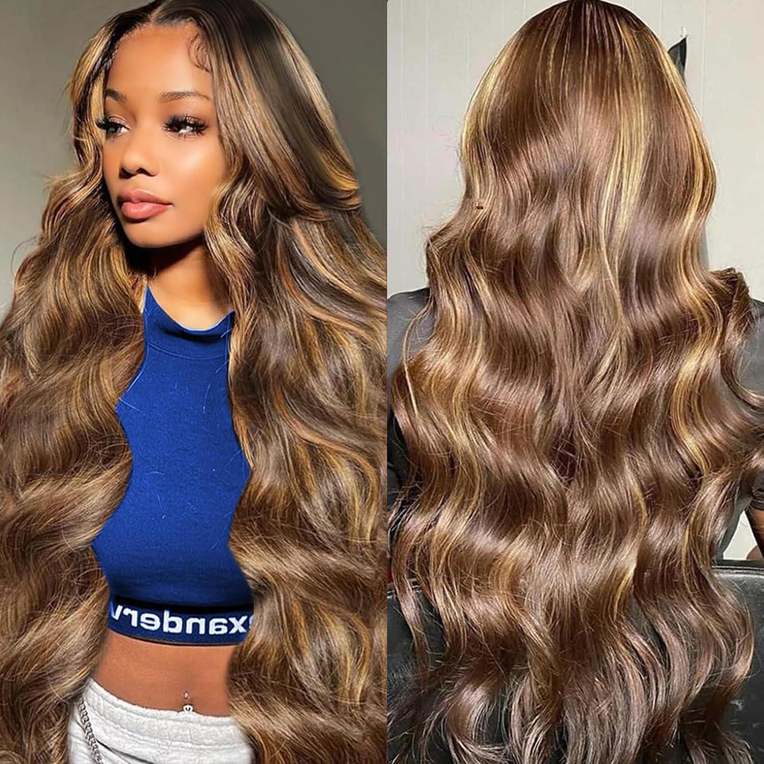 AILICEEHR AILICEEHR 30 Inch Highlight Ombre 5x5 Lace Closure Wigs Human Hair Body Wave P4/27 Honey Blonde Glueless Wigs Human Hair Pre Plucked HD Lace Front Balayage Colored Wigs Human Hair 180% Density