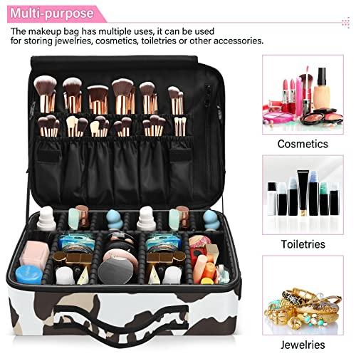 KLL KLL Leopard Print Pattern Large Capacity Cosmetic Case Travel Makeup Train Case with Adjustable Dividers and Shoulder Strap Portable Storage Bag for Toiletry Makeup Brush Jewelry Travel Accessories