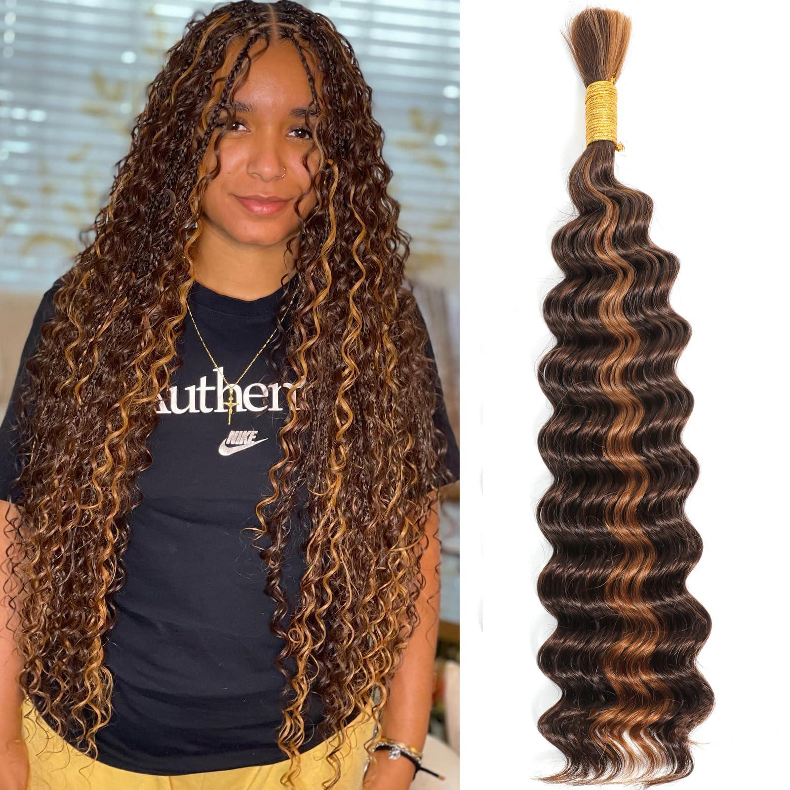 OKAABAY Human Braiding Hair For Boho Braids 22 Inch 1 Bundles Deep Wave Bulk Human Hair for Braiding Highlight Ombre Curly Human Braiding Hair Extensions No Weft 100% Brazilian Virgin Human Hair (50g, 4/30)