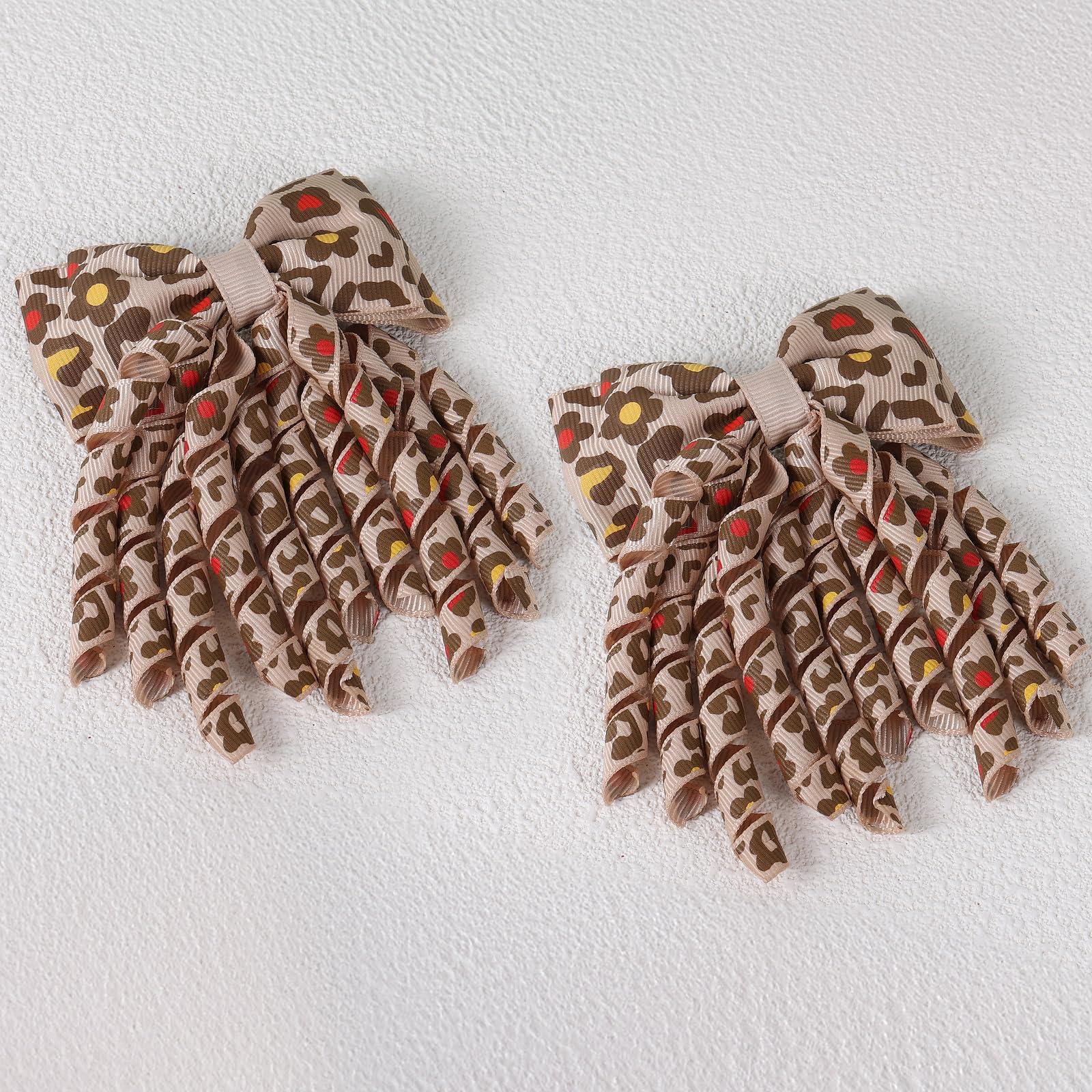 melyde Curly Ribbon Hair Bow Clips Handmade Hair Ribbon Bows 3.14 Inch Girls Cheer Hair Accessories for Christmas Birthday School, Leopard