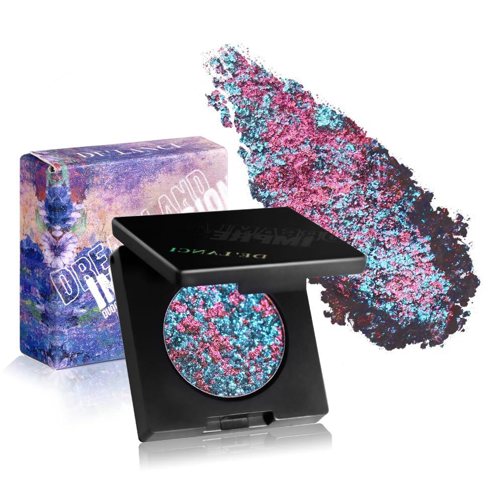 DE\'LANCI Multichrome Shimmer Pinkish Purple Eyeshadow, Intense Pigment Chameleon Sparkling Eyeshadow, Smooth Texture Blendable Black Purple Eye Shadow, Multi-Reflective Finishe Metallic Shade, Talc Free, 20