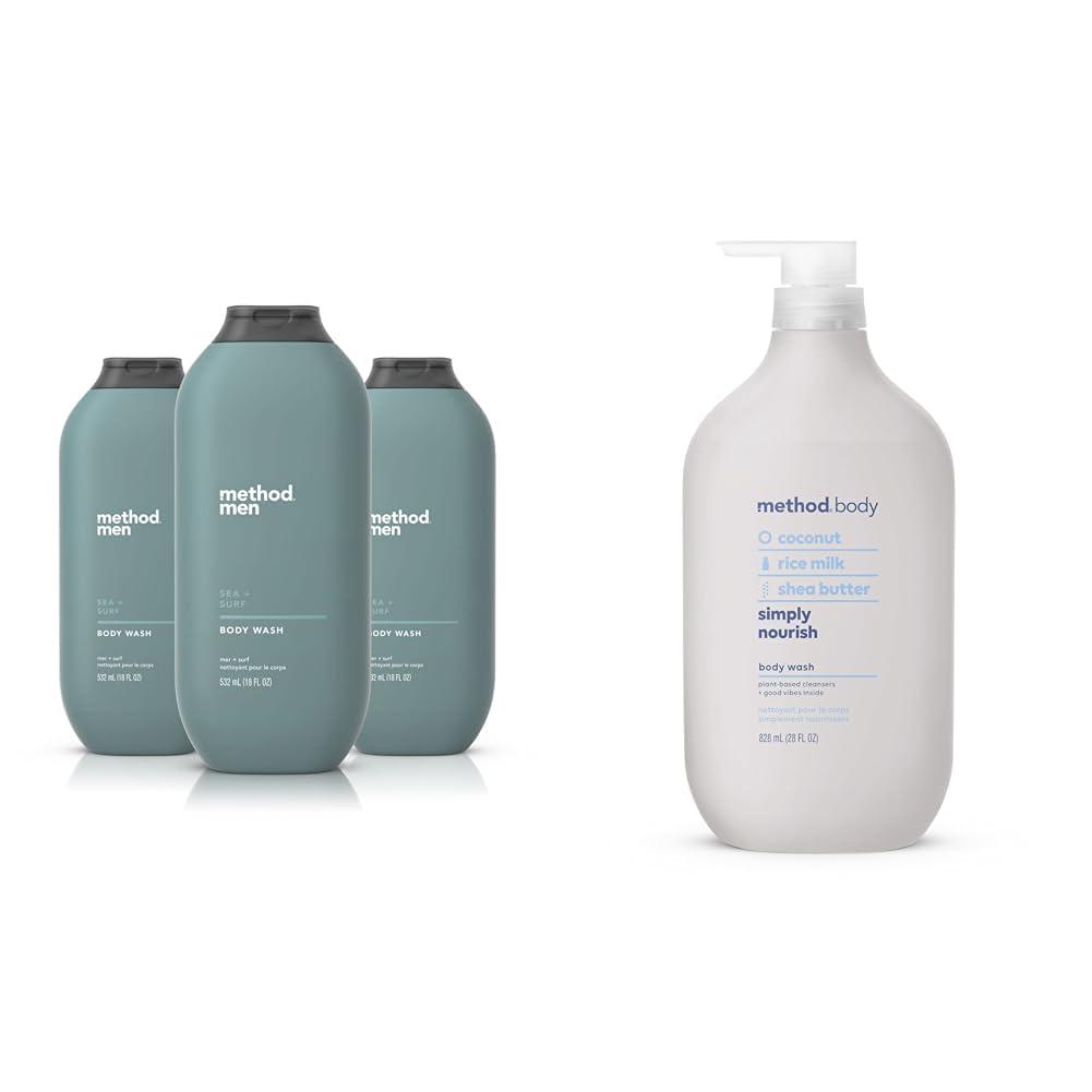 Method Method Men Body Wash, Sea + Surf, Paraben and Phthalate Free, 18 FL Oz (Pack of 3),Softening & Body Wash, Simply Nourish, Paraben and Phthalate Free, Biodegradable Formula, 28 oz (Pack of 1)