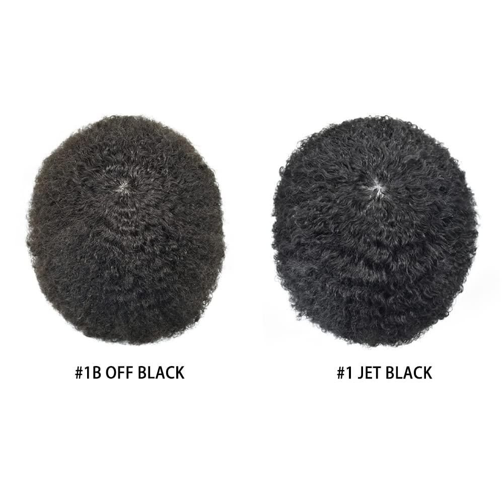 Generic Afro Toupee For Black Men Weave Hair Units Thin Skin Injection PU Human Hair Replacement System African American Wigs for Man Curly Hairpiece Prosthetics (Afro Curl 10mm, 1B Off Black)