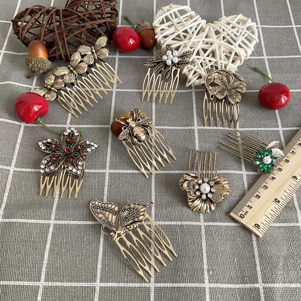 INLAZTIM 8 Pack Vintage Hair Side Combs for Women Decorative, INLAZYTIM Retro Gold Pearl Rhinestone Metal Hair Comb Clips with Teeth Grip Crystal Bridal Hair Piece Pins for Wedding Accessories