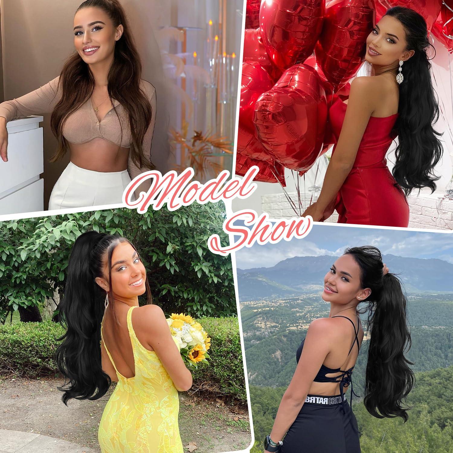 Stamped Glorious Stamped Glorious Ponytail Extension Drawstring Ponytail Extension for Women 26 Inch Long Wavy Layered Pony Tails Hair Extensions Clip in Ponytail Hairpiece for Daily Party UseDark Brown