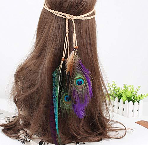 Suoirblss Indian Princess Feather Tassels Headband Boho Chic Peacock Feather Hair Band Romany Hippie Headdress Adjustable Length Handmade for Girls Women Lady