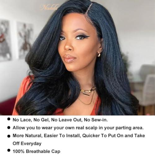 Nadula Nadula V Part Wig Yaki Straight Human Hair No Leave Out Glueless Upgraded U Part Wigs for Women,10A Yaki Straight V-part Wigs V Shape Clip in Half Wig Ready to Go 150% Density 16inch