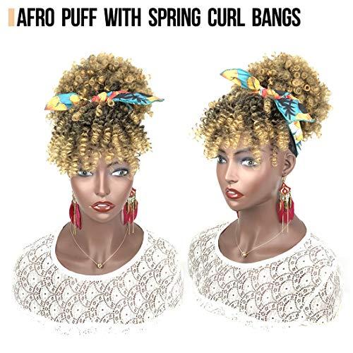 UAmy hair Afro Puff Bun with 2 Replaceable Bangs for Natural Hair Afro High Puff Drawstring Ponytail with Afro Puff Bangs and Spring Curl Bangs Clip in Short Afro Kinky Curly Pineapple Hairstyle for Black Women