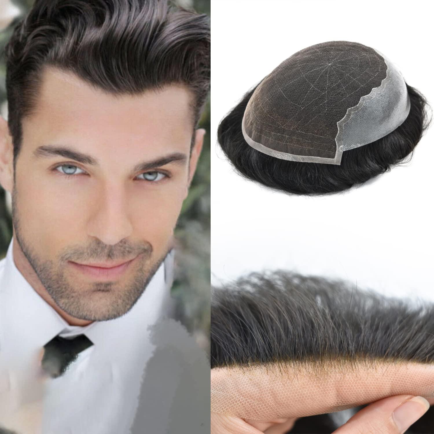 Hair Wonders Toupee For Men Real Human Hair Mens Toupee Hair Replacement System Swiss Lace Hair Piece For Men Hair System Protesis Capilar Para Hombre6x8\'\'-100% light to Medium density1# JET BLACK