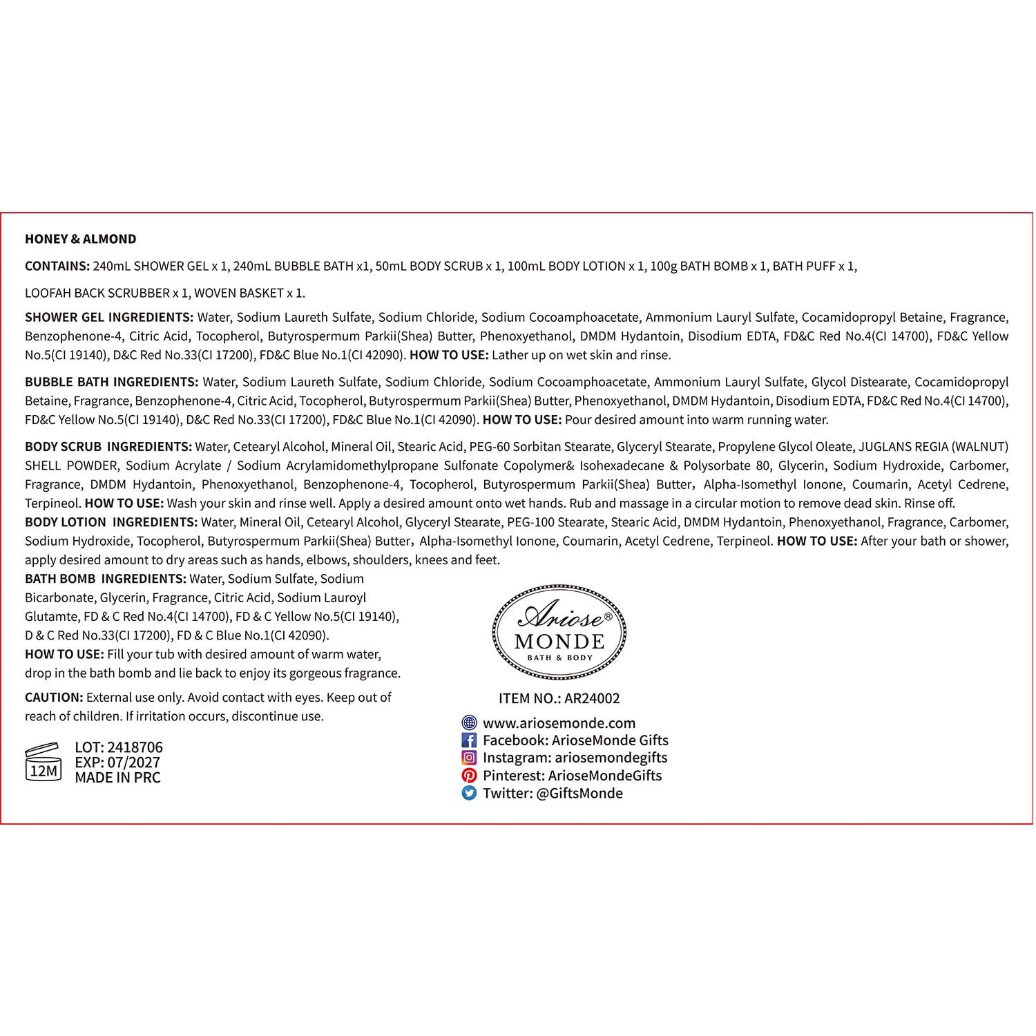 ArioseMonde Gift Baskets for Women, Spa Gifts for Women, 8pcs Honey Almond Bath Gift Set for Women, Relaxation Self Care Spa Kit W/Bath Bomb, Bubble Bath, Mom Birthday Gifts, Christmas Gifts Thank You Gifts