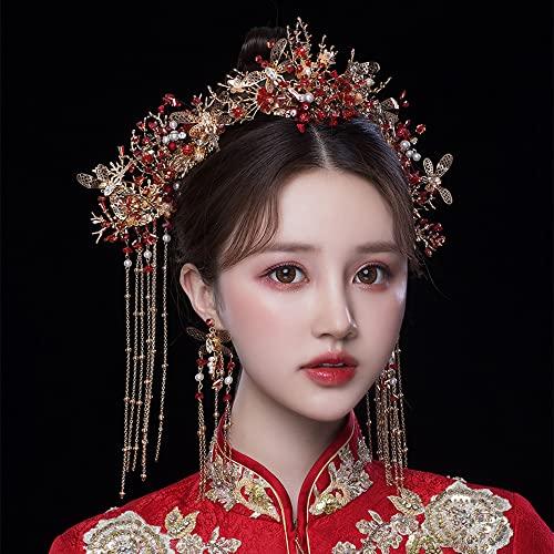Getrelax Getrelax Chinese Wedding Bride Hair Accessory Chinese Crown Wedding Hair Accessories Red Flower Floral Beaded Flapper Headband Jeweled Bridal Wedding Tiara