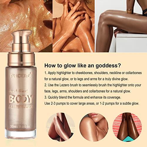 Lezero Body Shimmer Oil, Waterproof Long Lasting Moisturizing Bronze Body Luminizer Glow For Face & Body, Liquid Illuminator Body Highlighter 1oz/Jars, Makeup Brush Include (Rose Gold #01)