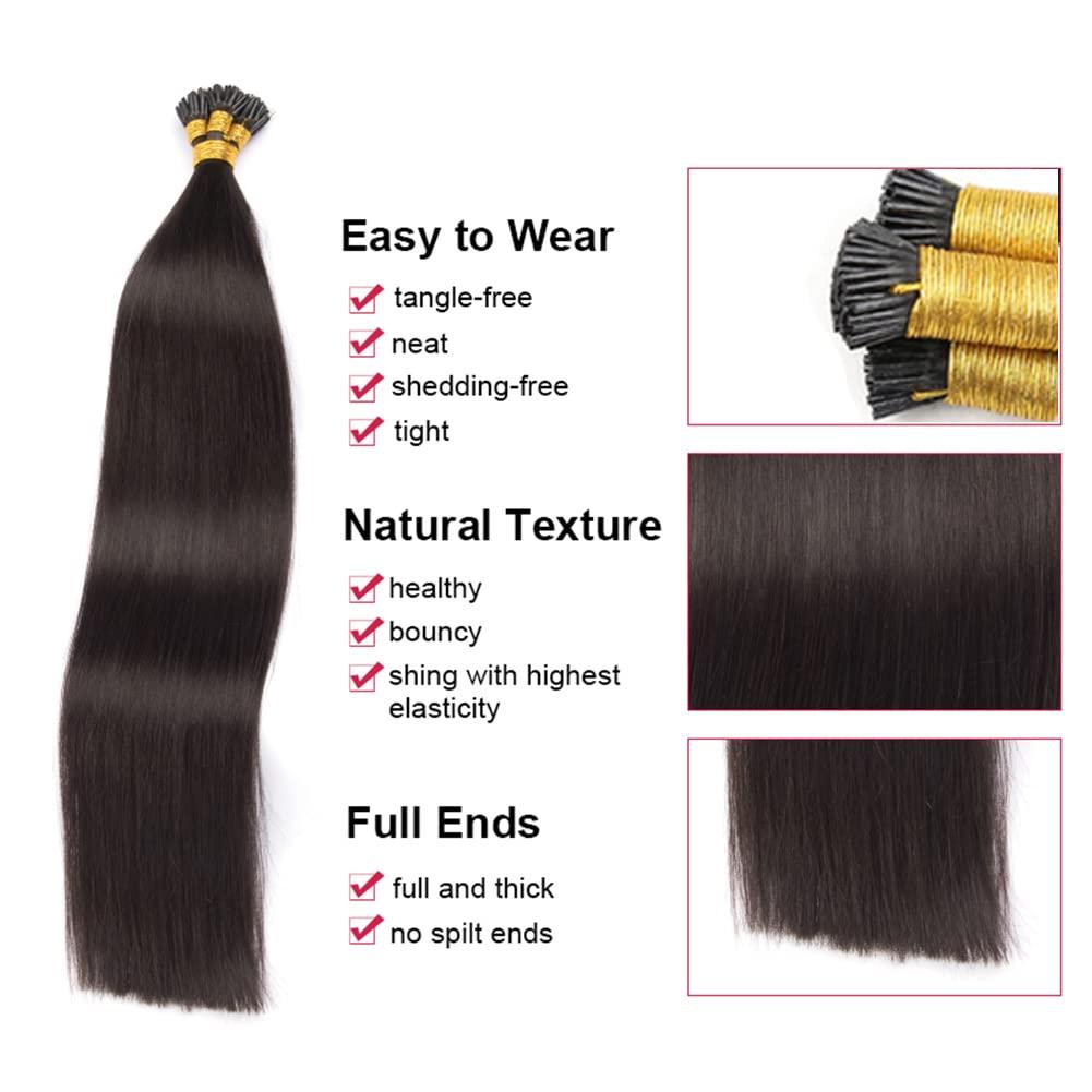 Kiss darling LASHES I Tip Hair Extensions Human Hair Pre Bonded Keratin Cold Fusion Itip Real Remy Human Hair Extension for Women Microlink Hair Extensions 100S 100g Dark Brown #2 14\"