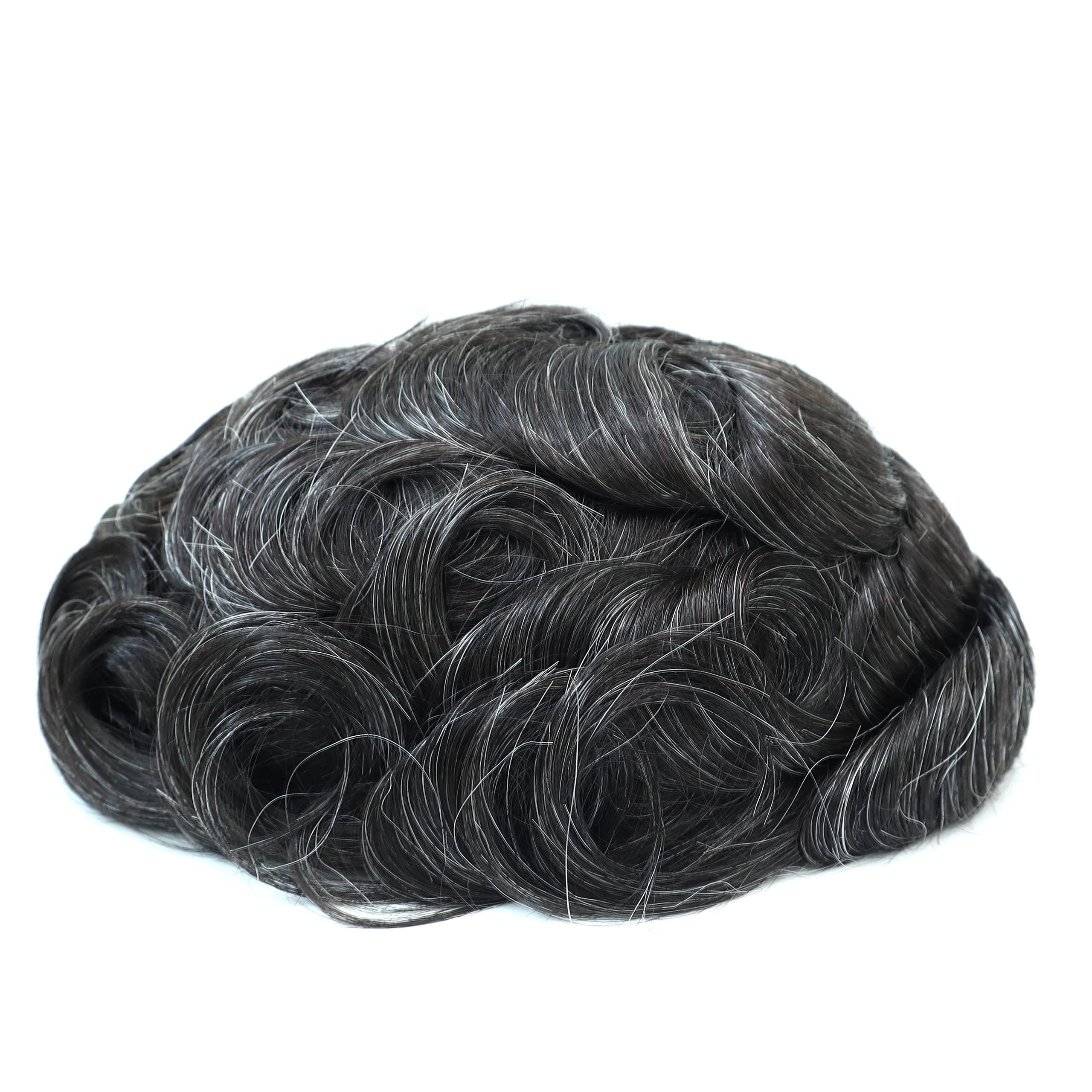 Hair Nature HAIR NATURE Men Toupee Hair Piece, Mens Wigs Human Hair Replacement Systems for Men Natural Real Hair Unit, Hair Style Medium Skin V-looped Scalloped Front Natural Hairline #1B20