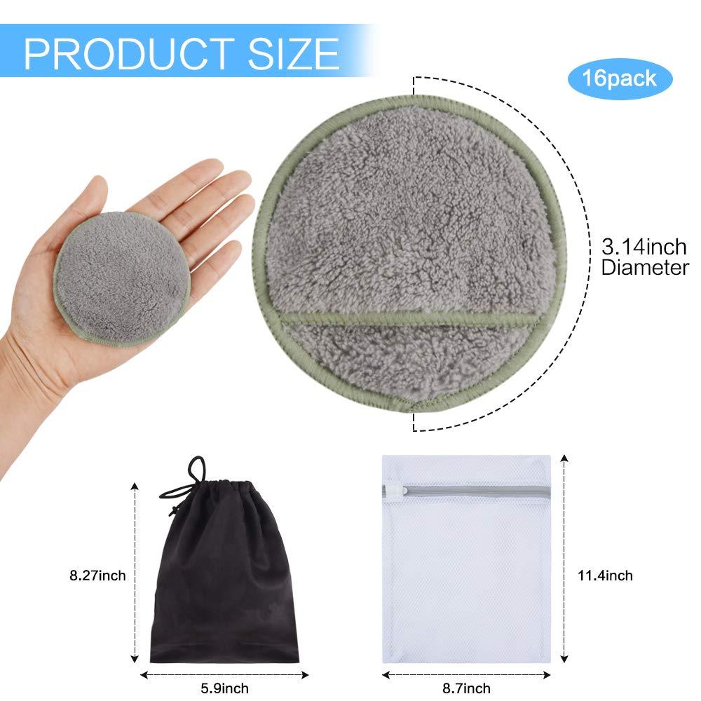 SUNLAND SUNLAND Reusable Makeup Remover Pads for Face,Eye,Lips 16 Pack Microfiber Face Cleansing Gloves Washable with Laundry Bag and Travel Bag Rounds Toner Pads (round 3.15inchx16, grey)